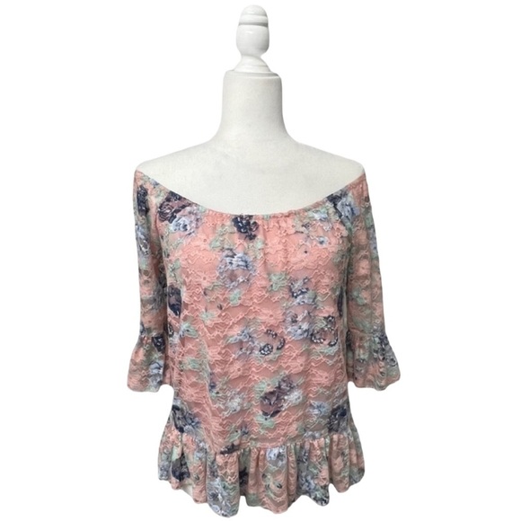 Almost Famous Off The Shoulder Lace Pink Floral Top - Size Small - Picture 1 of 14